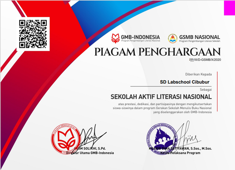 Sertifikat, Sekolah Aktif Literasi Nasional, SD Labschool Cibubur, Sekolah Literasi